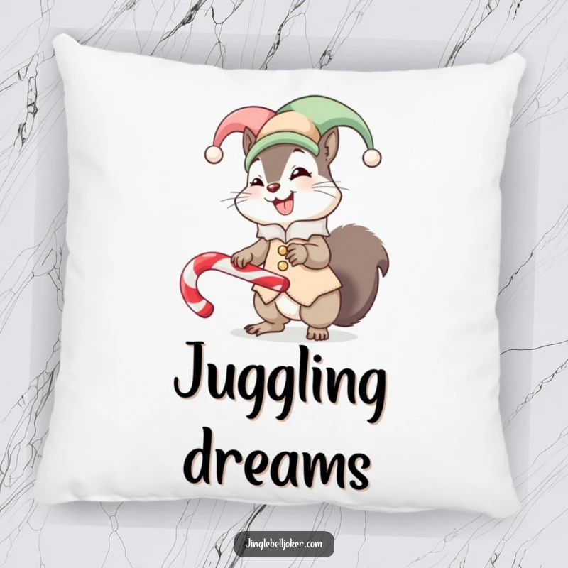 Funny pillow featuring a giggling squirrel in a jester suit, comically trying to balance a candy cane, offering soft, humorous decor.