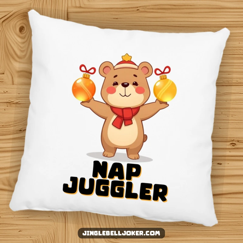 Funny pillow featuring a smug, happy bear character juggling glowing Christmas baubles, offering soft, humorous, and festive holiday decor.
