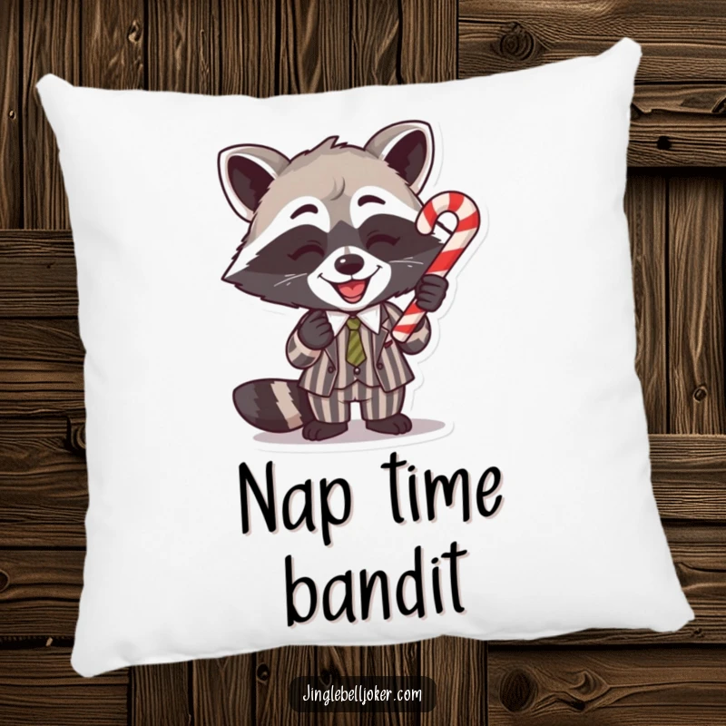 Funny Pillow: A gleeful raccoon in a striped suit balances a candy cane, adding playful holiday humor.