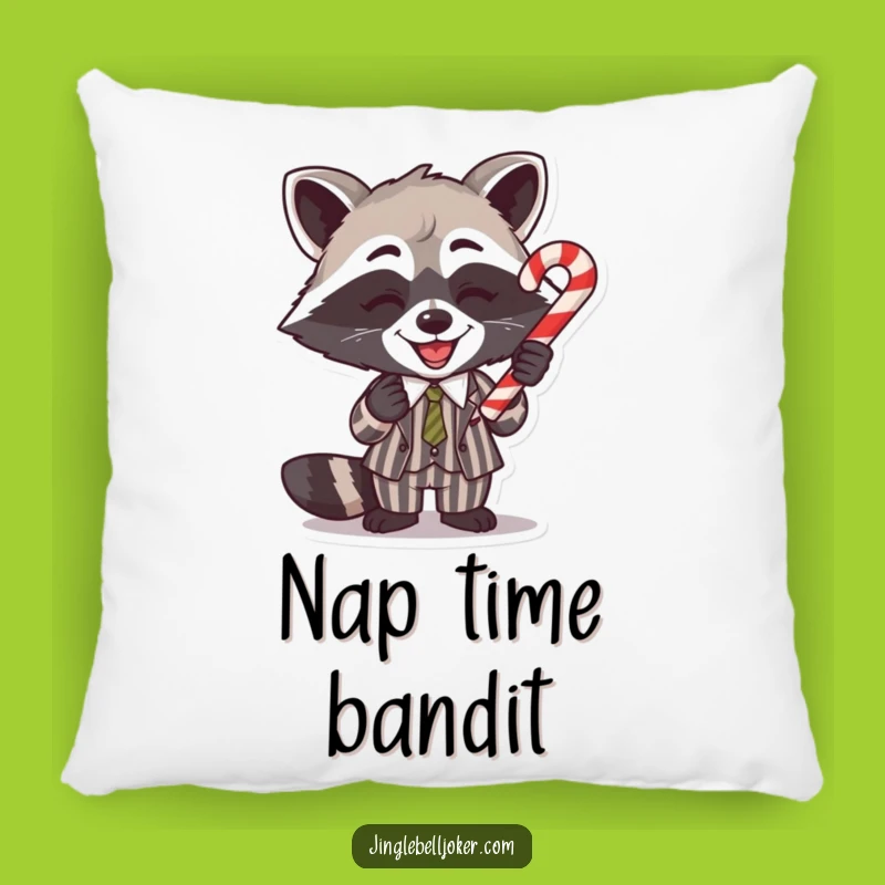 Funny Raccoon Candy Cane Pillow: Hilarious Comedic Touch for Holiday Decor