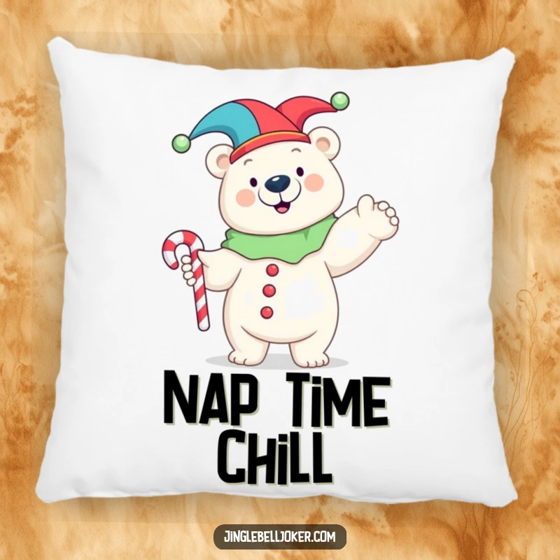 Funny pillow showcasing a happy polar bear in a jester costume striking a funny pose with a candy cane, bringing soft humor and charm.