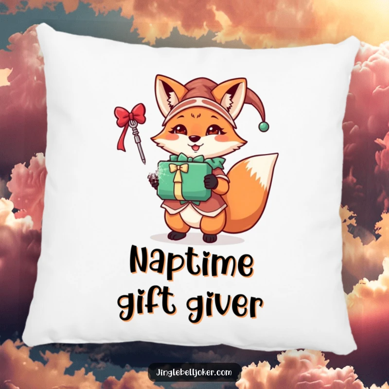 Funny fox jester pillow showing a festive character in jester attire holding a sparkling gift, ideal for cozy holiday decor.