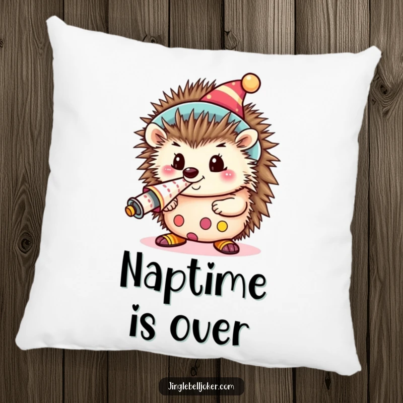 Funny Kawaii Clown Hedgehog Pillow: A cute hedgehog as a clown, blowing a loud party horn, perfect for lounging.