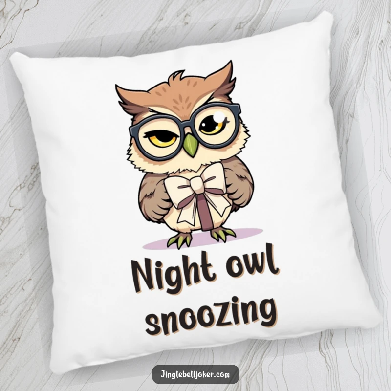 Funny Pillow: An owl with spectacles humorously tries to tie a gift bow, adding playful humor to decor.