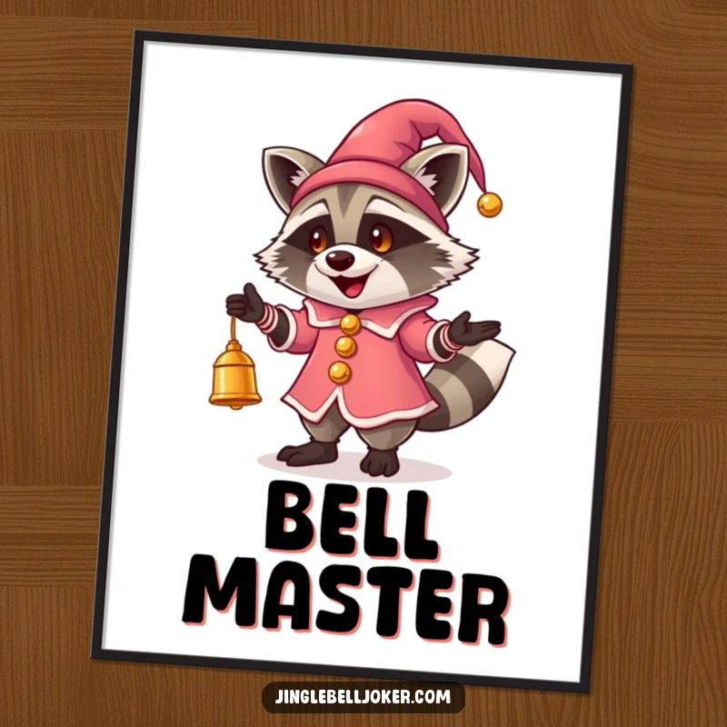 Funny Jester Raccoon Digital Art Print: A raccoon in jester attire juggling glowing bells, for instant playful digital decor.