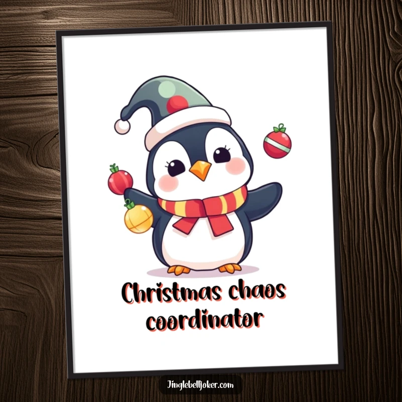 Funny Penguin Digital Art: Cute penguin in a jester hat juggling colorful Christmas ornaments, instant festive humor.