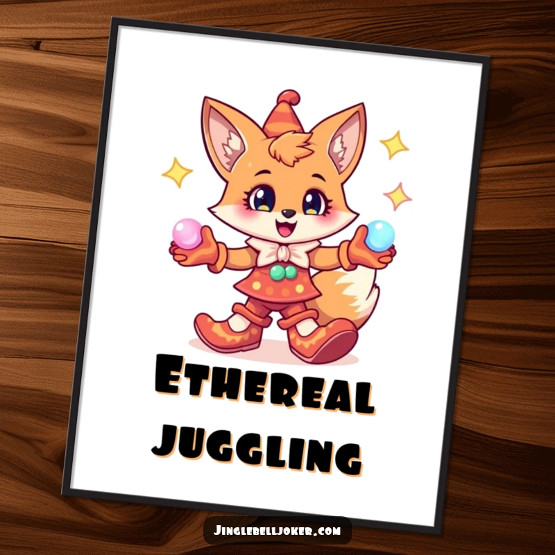Funny Fox Jester Digital Art Print: Cheerful fox character with jester shoes, juggling glowing orbs, magical wall art.