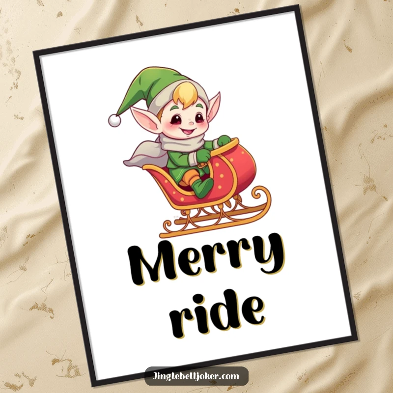 Funny digital art print of a giddy elf joker riding a tiny, jingling sleigh, embodying holiday excitement and playful spirit.