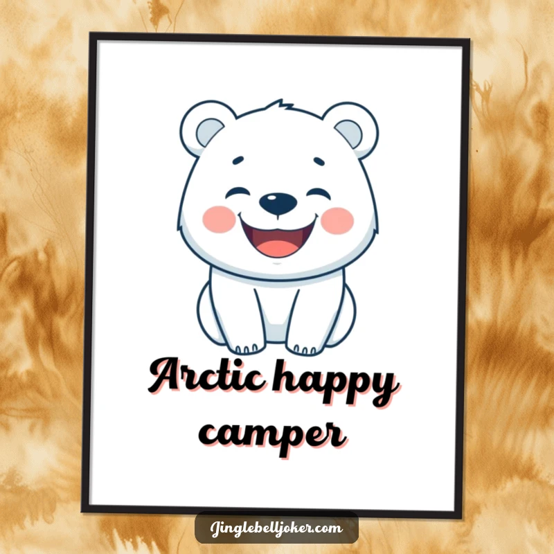 Funny digital art print of a happy polar bear with a wide grin, radiating infectious cheer.