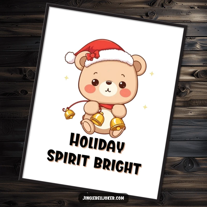 Funny digital art print of a kawaii bear in a Santa hat, gleefully juggling jingle bells, perfect for festive decor.