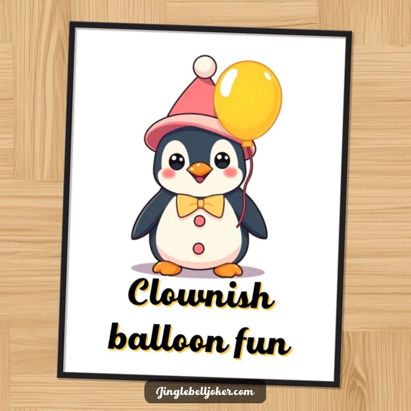 Funny kawaii penguin clown holding a bright balloon, a digital art print bringing instant whimsical humor and cheerful vibes.