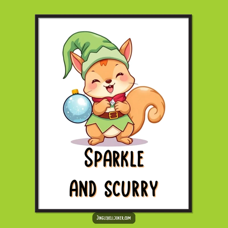 Funny Kawaii Elf Squirrel Digital Art Print: Cute Christmas Character Holding Ornament, Instant Funny Gift