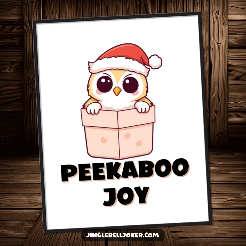Funny Kawaii Owl Santa Digital Art Print, showing a cute owl peeking from a gift box, ready for festive display.