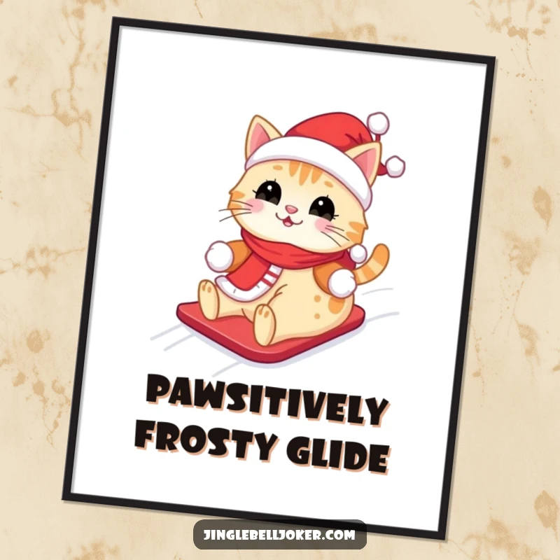 Funny Kawaii Santa Cat Digital Art Print: A cute cat wearing a Santa outfit, happily sliding down a snowy hill, for winter wall art.