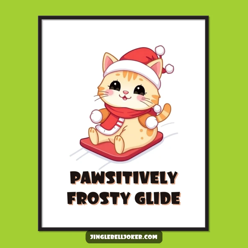 Funny Kawaii Santa Cat Digital Art Print: Cute Feline Sliding Down Snowy Hill, Instant Funny Gift