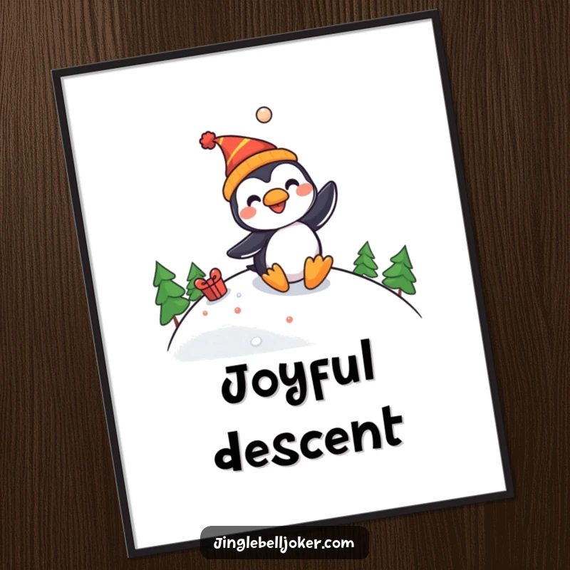 Funny digital art print of a cheerful penguin jester character joyfully sliding down a festive slope, perfect for instant wall decor.