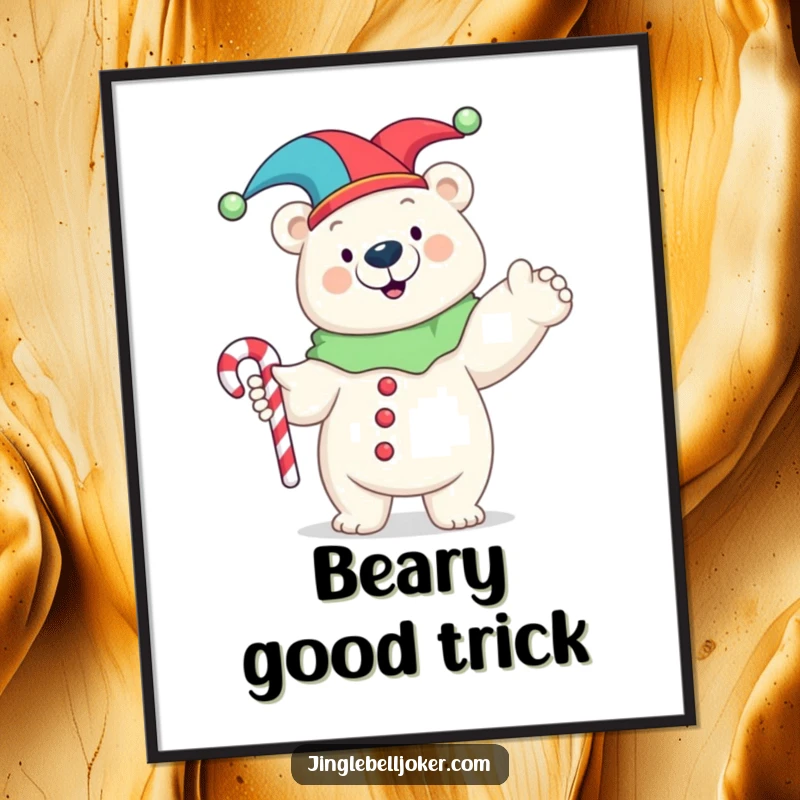 Funny digital art print of a happy polar bear in a jester costume striking a pose with a candy cane, capturing playful spirit.