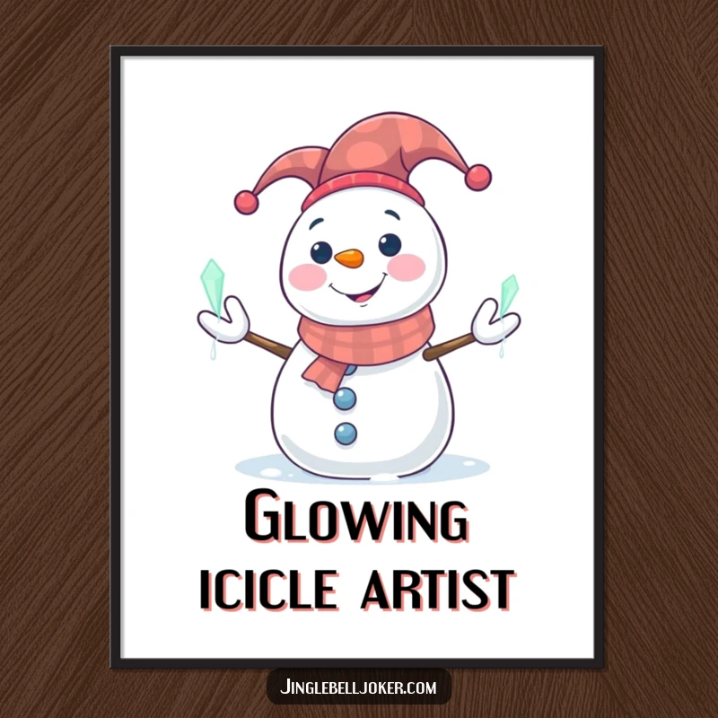 Funny Snowman Digital Art: Smiling snowman in a jester hat juggling glowing icicles, instant winter humor.