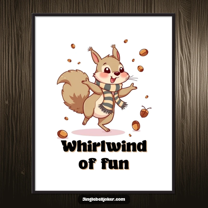 Funny Digital Art Print: A squirrel cartwheels, scattering acorns like confetti, a vibrant, humorous illustration.