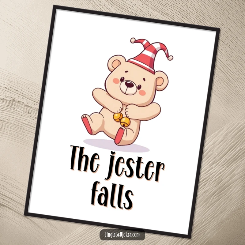 Funny digital art print of a bear in a jester hat and bells, dramatically tripping, perfect for humorous holiday decor.