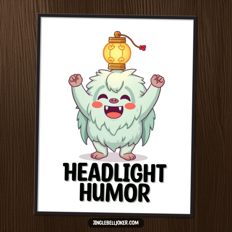 Funny Yeti Digital Art Print of a silly yeti joker attempting to balance a glowing lantern on its head, full of whimsical light.