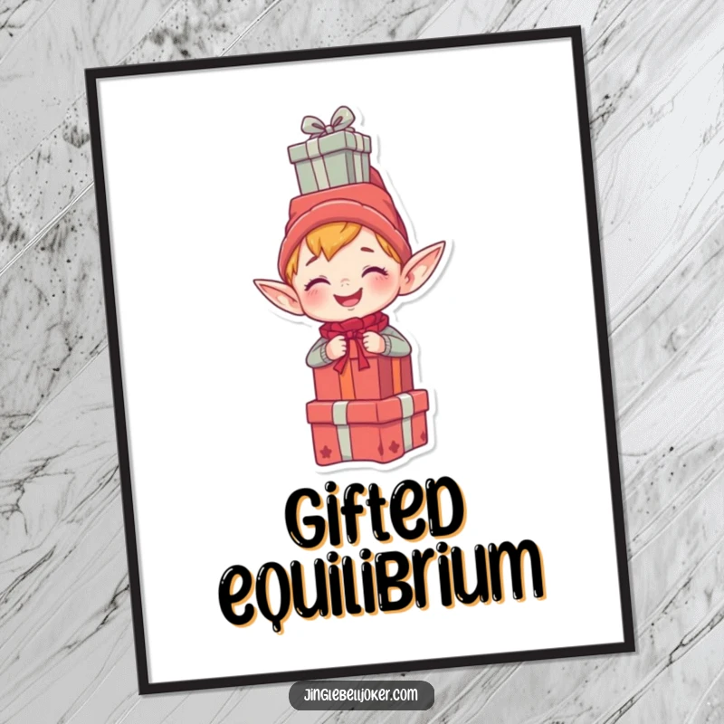 Funny digital art print of a giggling elf character humorously balancing a stack of presents on its head, perfect for festive decor.