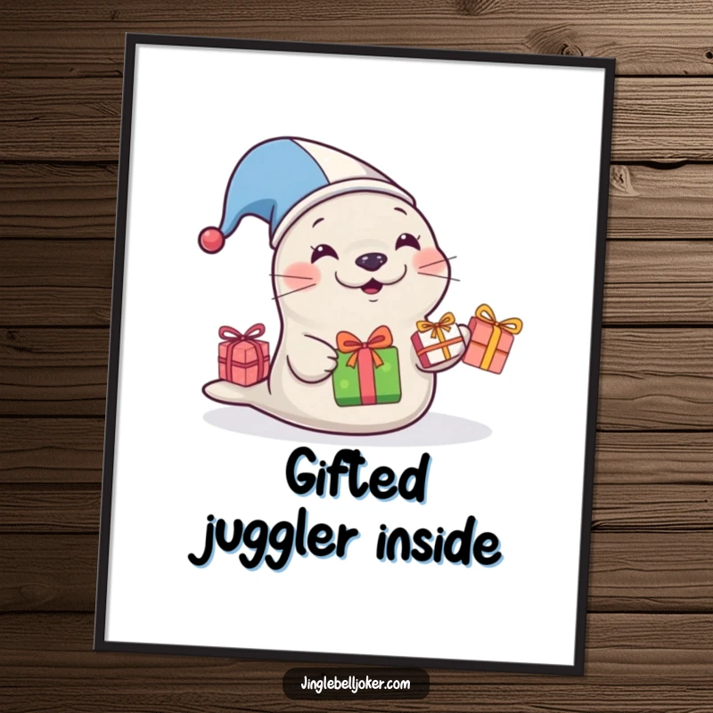 Funny Jester Seal Digital Art Print, a seal in a jester hat attempting to juggle presents, a funny gift.