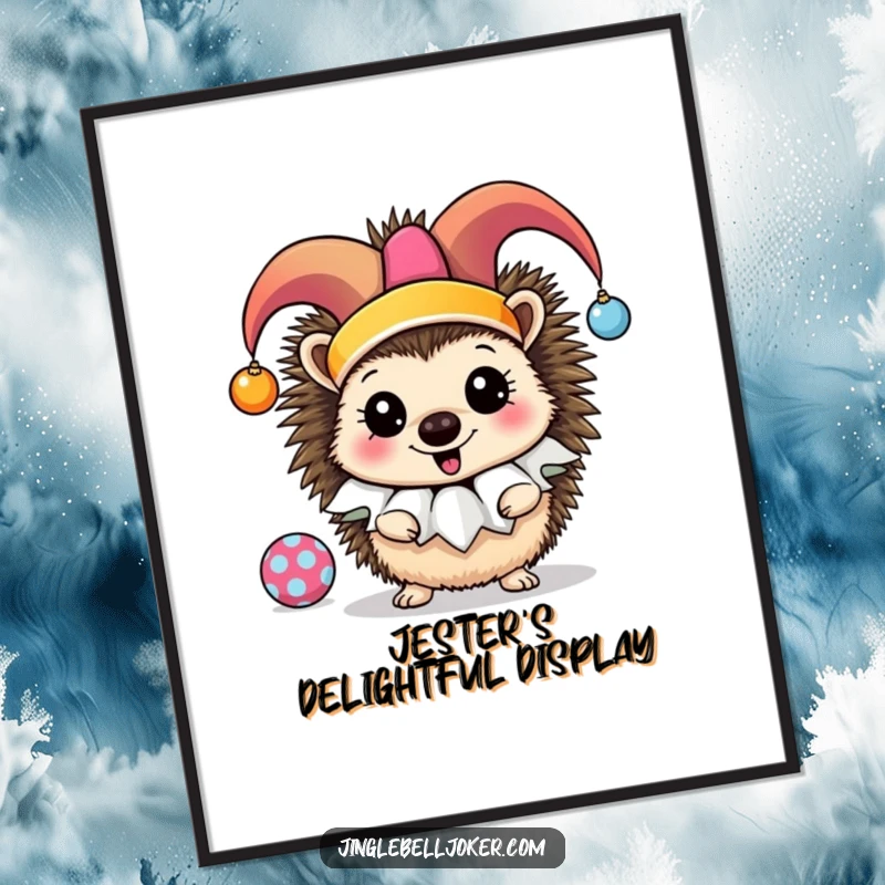 Funny Jester Hedgehog Digital Art Print: A cheerful hedgehog in a jester ruff joyfully juggles ornaments for vibrant decor.