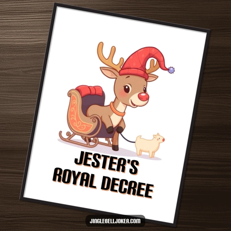 Funny digital art print of a brave reindeer in a jester hat, comically pulling a tiny sleigh, perfect for instant holiday wall decor.