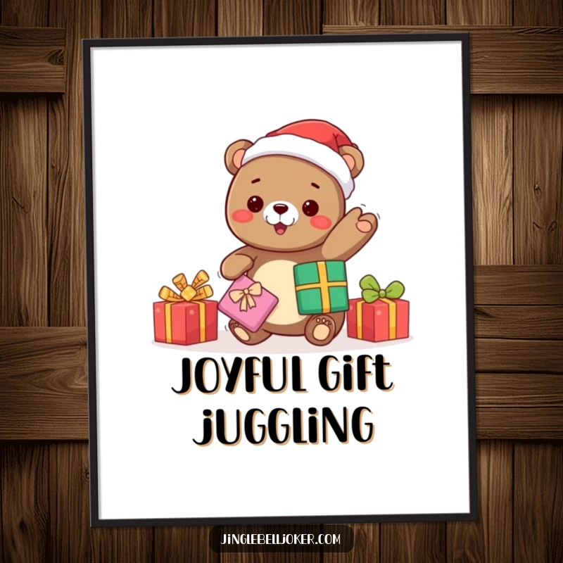 Funny kawaii bear Santa juggling presents, a digital art print bringing instant holiday cheer and humorous festive vibes.
