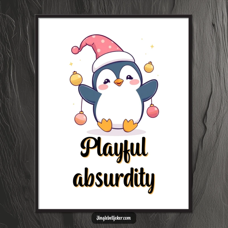 Funny Penguin Jester Digital Art Print: Cute penguin character in a jester hat, juggling sparkling ornaments, festive wall art.