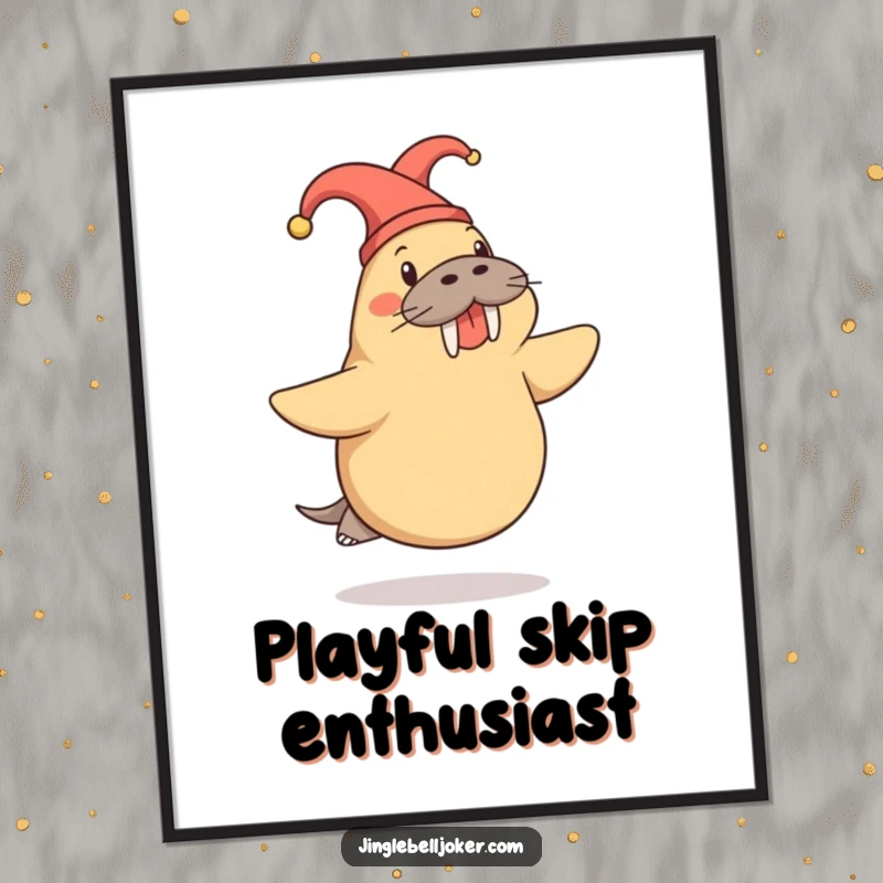 Funny Walrus Digital Art: Cheerful walrus in a jester hat doing a playful skip, instant humorous download.