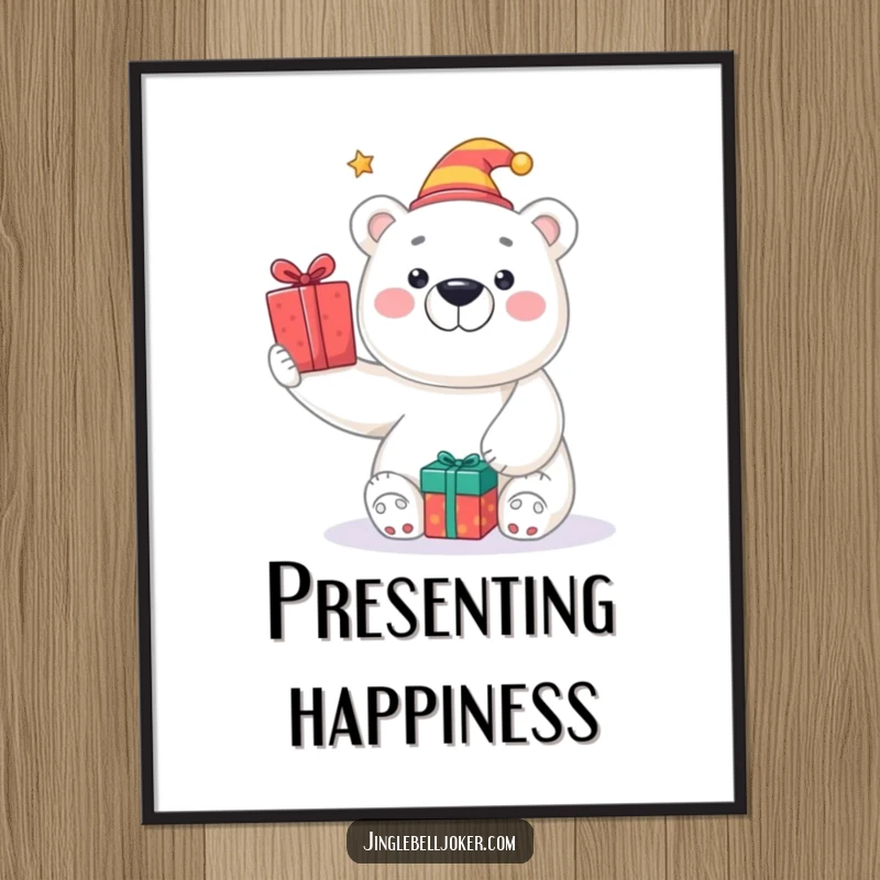 Funny digital art print of a smiling polar bear in a jester hat, tossing wrapped presents, for vibrant festive decor.