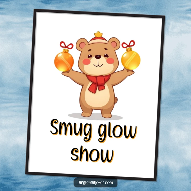 Funny digital art print of a smug, happy bear character juggling glowing Christmas baubles, perfect for instant festive humor and confident decor.