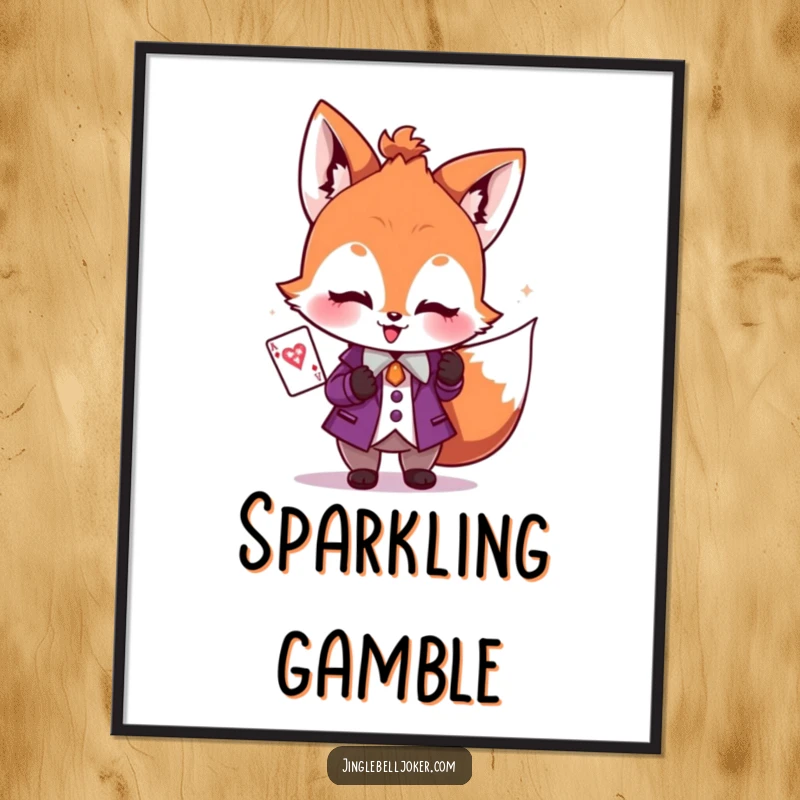 Funny digital art print of a blushing fox dressed as a joker, holding a sparkly playing card, perfect for playful decor.
