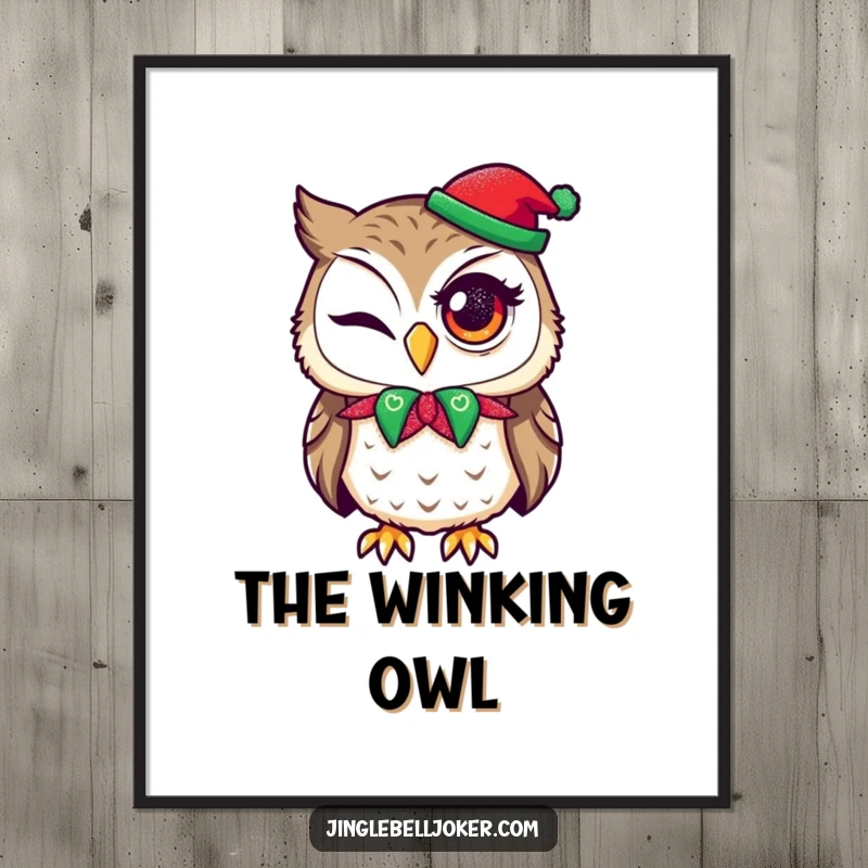 Funny digital art print of an owl in a jester collar attempting a wink with holiday glitter, perfect for humorous decor.