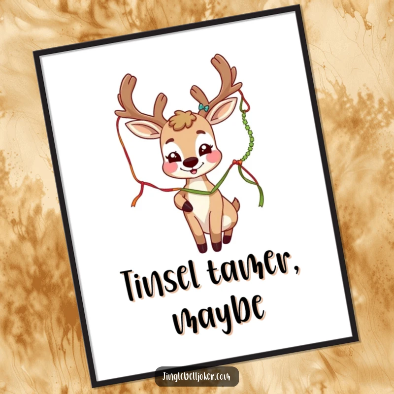 Funny deer joker character with festive antlers playfully batting a tinsel strand, digital artwork for instant download.