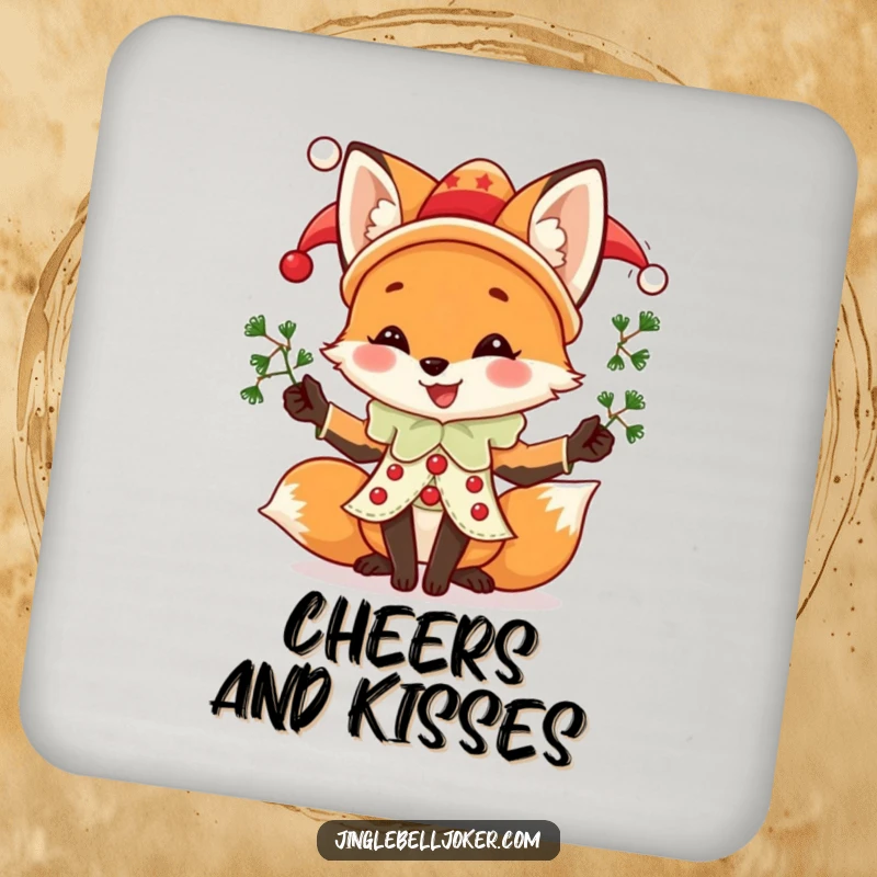 Funny Fox Jester Coaster, a joyful fox in jester attire juggling mistletoe sprigs, protecting surfaces with holiday humor.