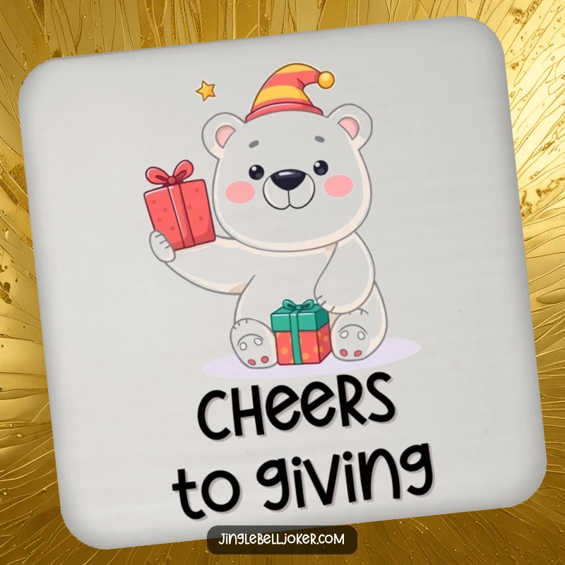 Funny drink coaster featuring a smiling polar bear in a jester hat, tossing presents, protecting surfaces with holiday cheer.