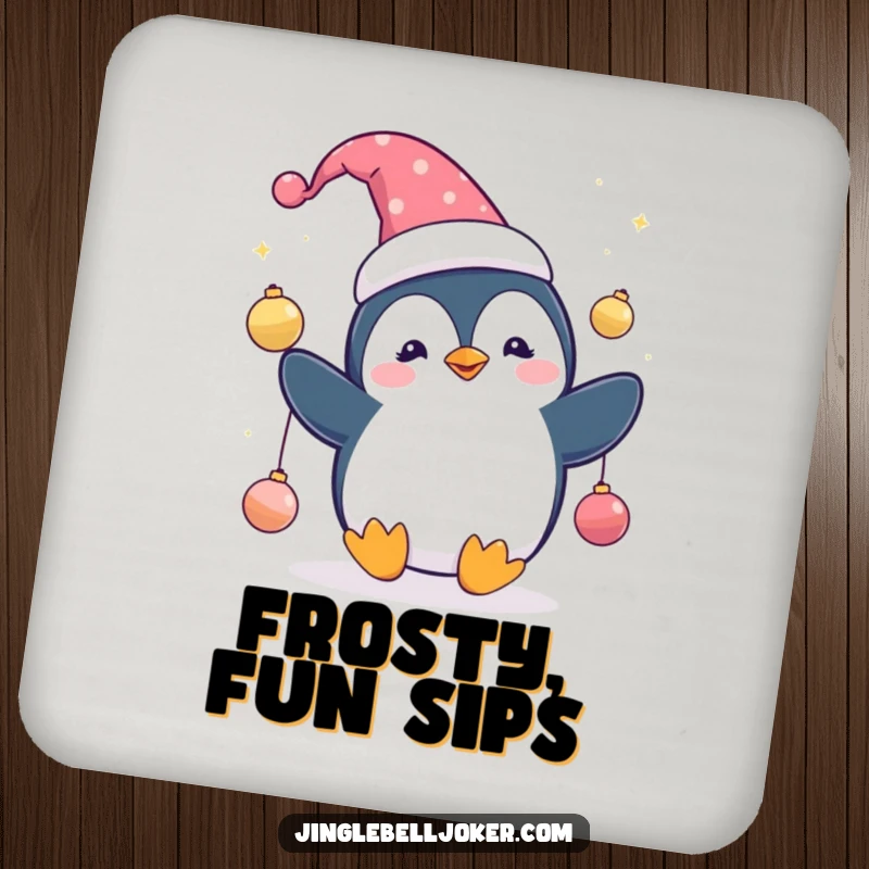 Funny Penguin Jester Drink Coaster: Cute penguin character in a jester hat, juggling sparkling ornaments, festive table protection.