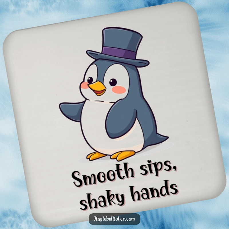Funny drink coaster featuring a clumsy penguin hilariously attempting to balance a tall hat, offering surface protection.