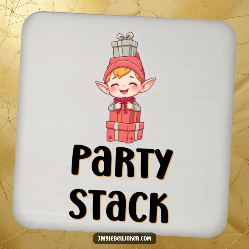 Funny drink coaster featuring a giggling elf character humorously balancing a stack of gifts on its head, adding festive charm.