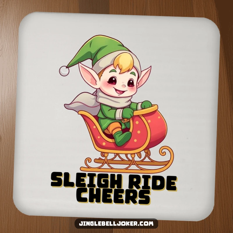 Funny drink coasters with a giddy elf joker riding a tiny, jingling sleigh, protecting tables with festive humor and holiday flair.