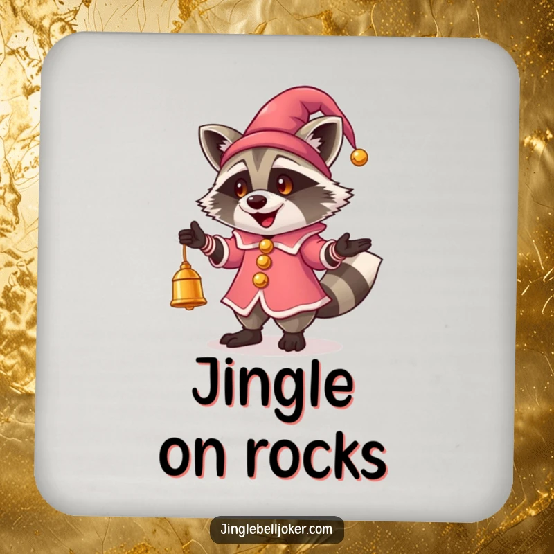 Funny Jester Raccoon Coasters: A raccoon in jester outfit juggles bells, perfect for protecting tables with cheer.