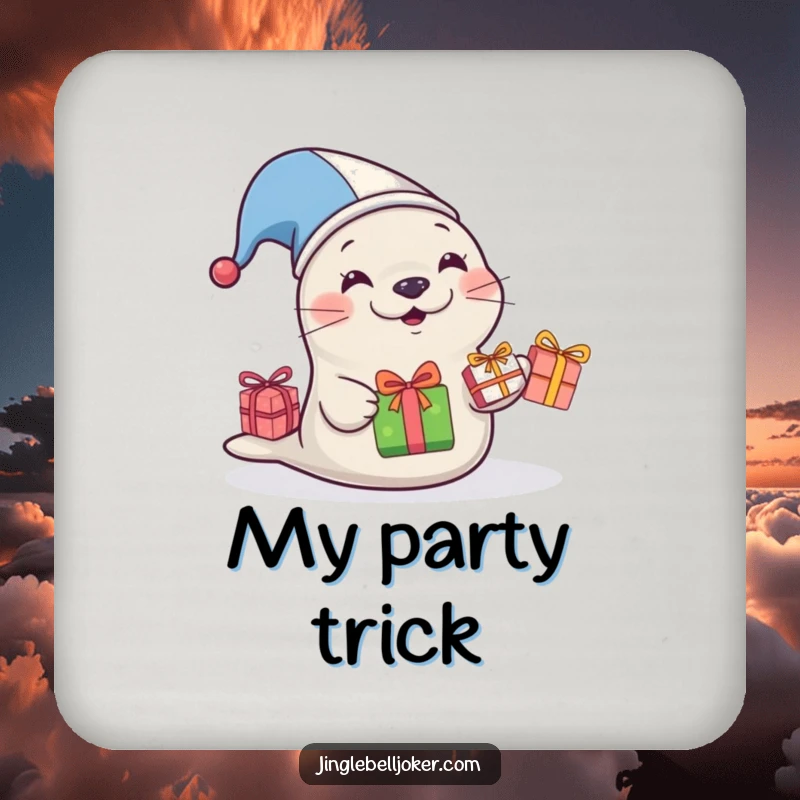 Funny Jester Seal Coasters, a seal in a jester hat juggling small gifts, a funny gift for tables.