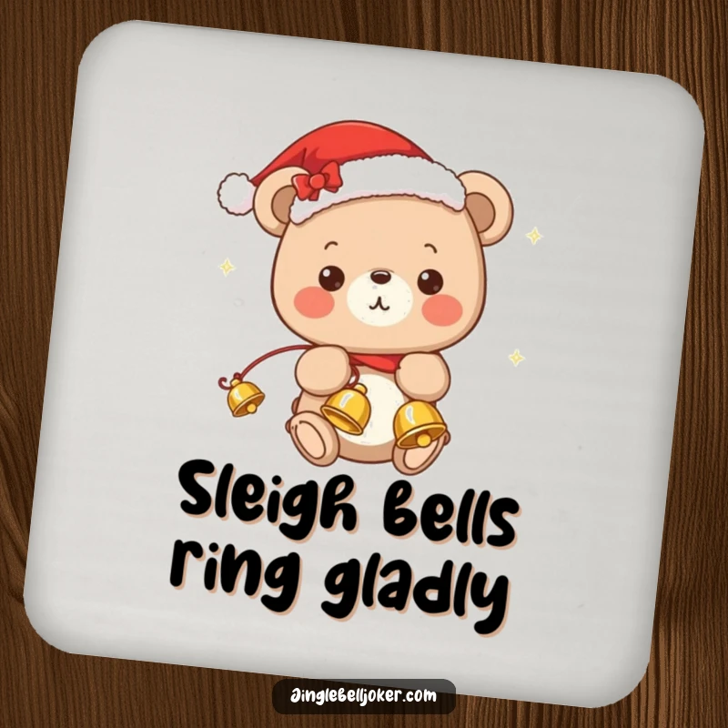 Funny coaster with a cute kawaii bear wearing a Santa hat, joyfully juggling jingle bells, perfect for holiday tables.