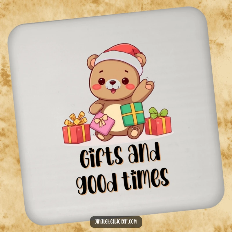 Funny kawaii bear Santa juggling gifts, a protective coaster that adds festive humor and holiday charm to any setting.
