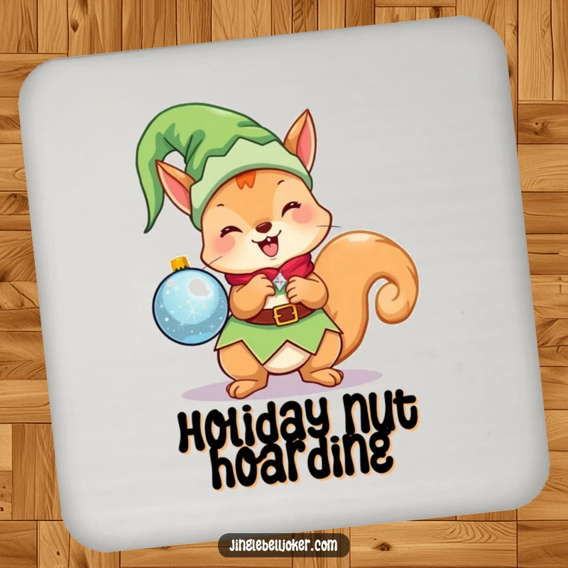 Funny Kawaii Elf Squirrel Drink Coaster: A cute Christmas character as an elf, excitedly holding a sparkling ornament, protects surfaces.