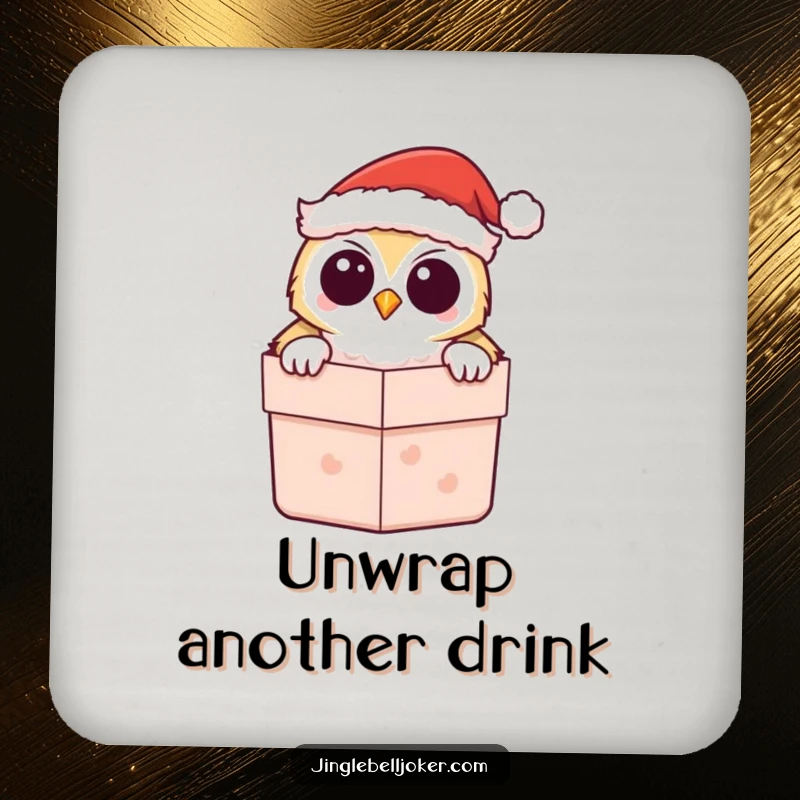 Funny Kawaii Owl Santa Drink Coaster, featuring a cute owl peeking from a gift box, offering festive surface protection.