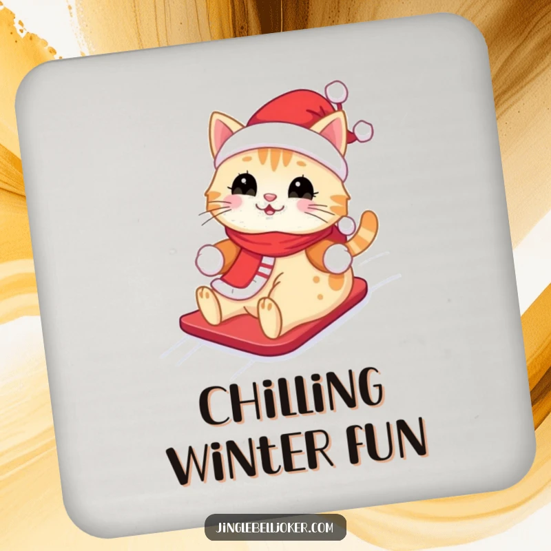 Funny Kawaii Santa Cat Drink Coaster: A cute cat in a Santa outfit, happily sliding down a snowy hill, protects surfaces.